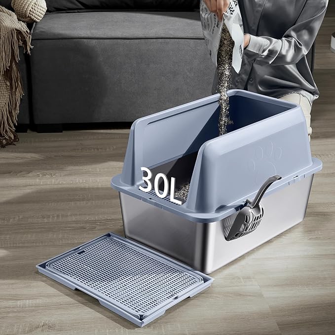 8" Deep 15.75" High Wall Sides Stainless Steel Cat Litter Box with Lid Extra Large Litter Box for Big Cats Deep Leak Proof Litter Pan, Easy Clean, Non Stick, No Odor, with Mat and Litter Scoop