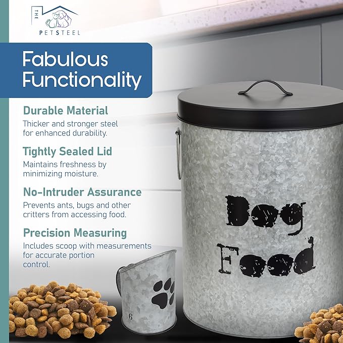 Small Dog 20lb Pet Food Storage Canister Dog Bin with Scoop – Durable & Airtight for Freshnesss, Minimalist Design & Recyclable, Small Metal Container for Kitchen Countertop
