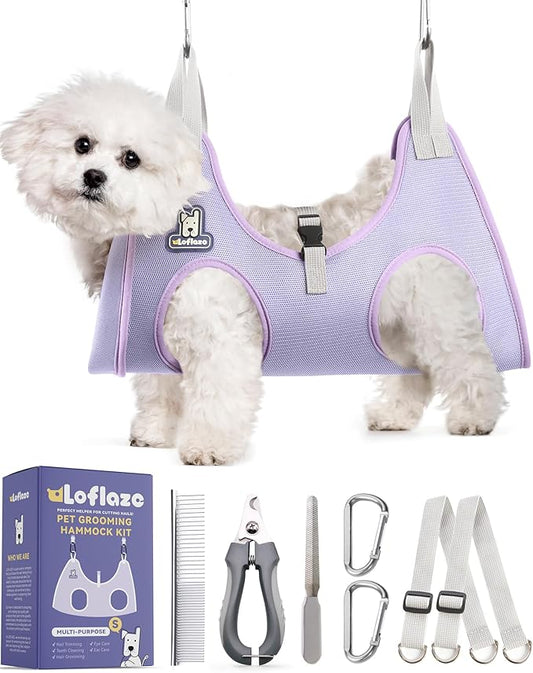 Dog Grooming Hammock Harness for Dogs & Cats with Pet Nail Clipper Trimmer - Cat Hanger Sling for Trimming Clipping Nails- Dog Hammock Restraint Bag for Small Medium Large pet ( Purple S)