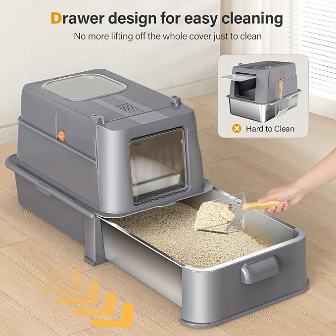 Enclosed Stainless Steel Cat Litter Box with Lid,XL Large Metal Cat Box with Drawer for Big Cats,Top Exit Kitty Litter Box Includes Scoop, Filter Pedal,Odor Control, Easy Cleaning