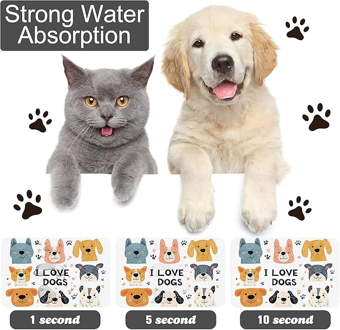 Cute Dogs Pet Cat Dog Food Mat-Absorbent Quick Dry Feeding Placemat for Water and Food, No Stains Rubber Base Mat for Indoor Use, Pet Accessories 16"x24"