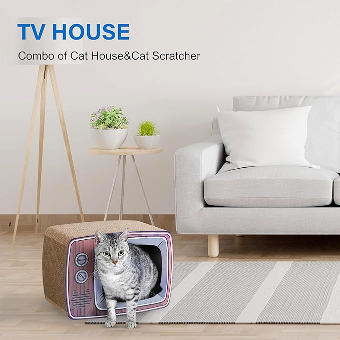 FluffyDream TV Cat Scraper - Durable Cat Leisure Bed - Indoor Scraper and Play House - Corrugated Toy Cat Birthday - 16.9L*12.5W*9H