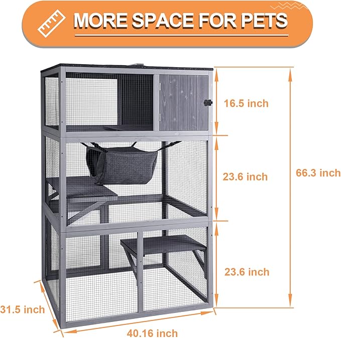 X-ZONE PET Catio Wooden Cat House, Outdoor 3 Floors Cat Enclosure, Indoor Large Kitten playpen with Hammock & Resting Box, Cat Cage Waterproof Roof