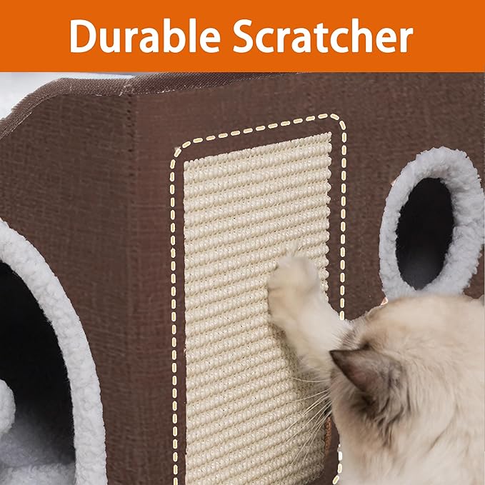 Cat Houses for Indoor Cats - Large Cat Bed Cave with Scratch Pad and Fluffy Ball, Foldable Cat Condo Hideaway with Reversible Cushion for Multi Small Pet,Brown