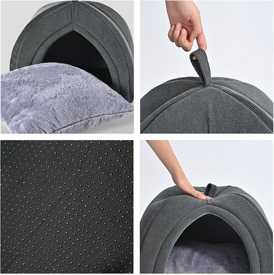 Amazon Basics Cat Cave Bed, 2-in-1 Foldable House for Indoor Cats, with Washable Cushion and Non-Slip Base, 17.5 x 17.5 Inches, Large