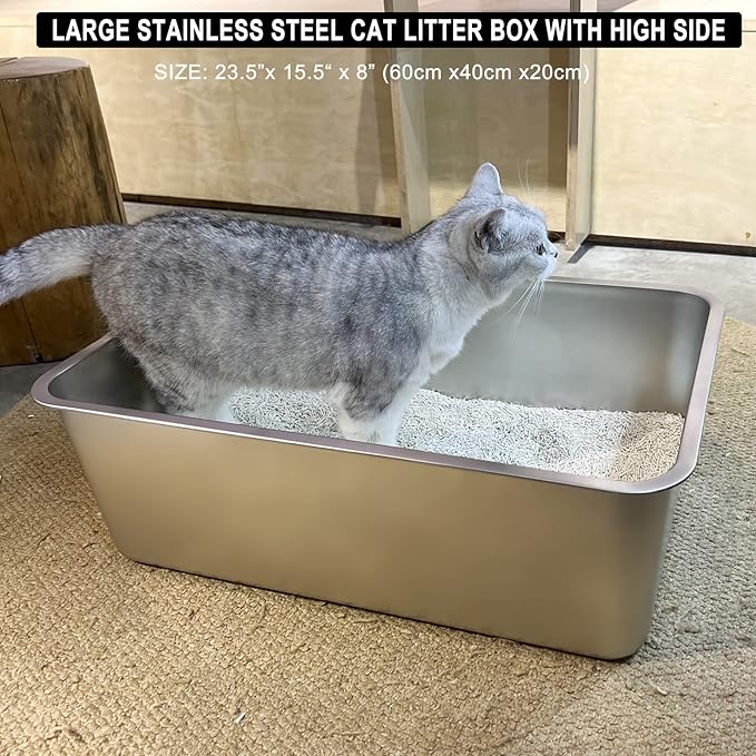 IKITCHEN Stainless Steel Cat Litter Box, Large Metal Litter Box for Cats, Never Absorbs Odors,Stain Free, Rustproof, Non Stick Smooth Surface, Anti-Slip Rubber Bottom, 23.5" L x 15.5" W x 8" H