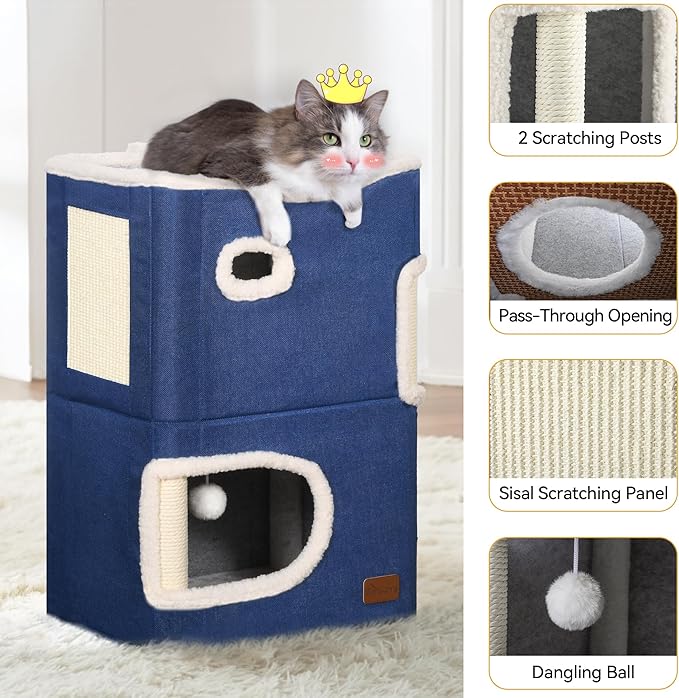 YITAHOME 2-Tier Cat House, Indoor Cat Cave Bed Playhouse, Cat Tunnels with Scratch Pad and Hideaway Cube, Cute Modern Cat Condo Furniture for Multi Small Cats, Classic (Blue)