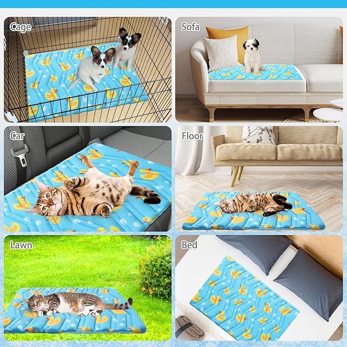 KOOLTAIL Dog Cooling Mat, Upgraded Two Sided Cooling Pad for Dogs Cats Puppy, Soft Pet Sleeping Blanket Keep Cool in Summer with Cute Duck Pattern, Washable Waterproof for Crate Sofa Bed, Blue L