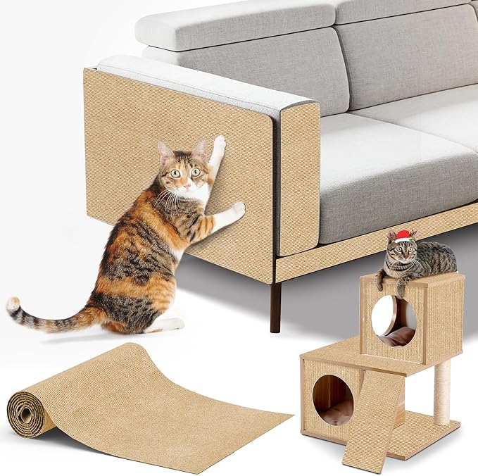 Cat Scratching mat Self-Adhesive, Trimmable Furniture Protector for Couch, Sofa, Wall & Cat Trees - Durable Scratch Pad with Nano Tape, DIY Climbing Carpet for Indoor Cats (Khaki, 78.7"x15.8")