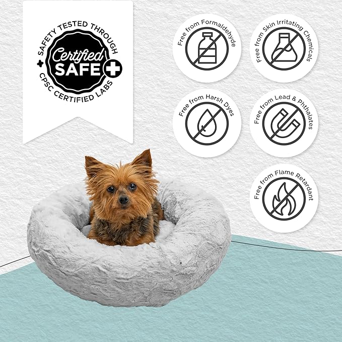 Best Friends by Sheri Original Calming Donut Dog and Cat Bed, Lux Faux Fur, Gray, XS (18in x 18in) - Anxiety Relief for Pets Up to 10 lbs