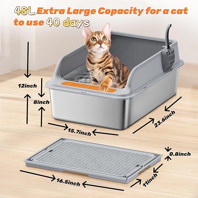Stainless Steel Cat Litter Box for Multi-Cat Homes - High-Sided Anti-Leak Design,Large Cat Toilet, Non-Stick Surface, Odorless & Easy Clean, Durable with Litter Mat & Scoop
