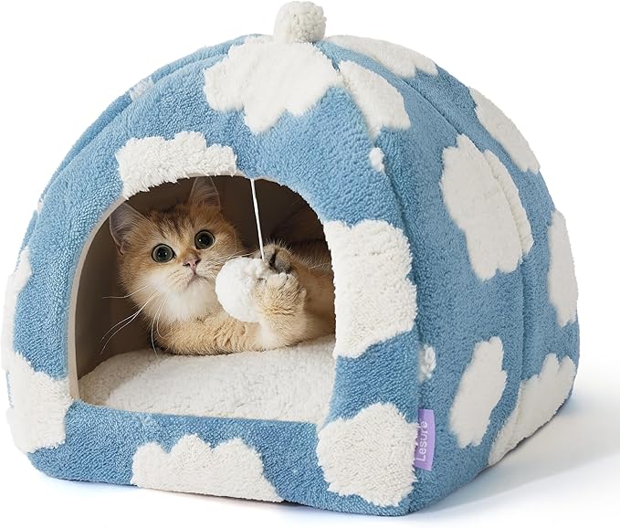 Lesure Cute Cat Beds for Indoor Cats - 2 in 1 Cat Cave Bed for Kittens and Small Pets with Removable Washable Cushioned Pillow, Cozy Kitten Tent with Non-Slip Bottom, Blue, 16 inches
