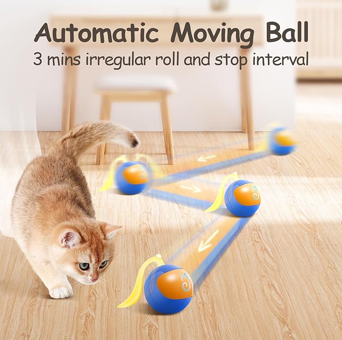 Migipaws Interactive Cat Ball Toy Set, Fun Tracker, Automatic Rolling Chase Ball with Fluffy Tail, A Small Mice, Rechargeable (Blue)