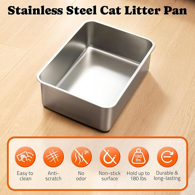 Pawtners Stainless Steel Cat Litter Box, XL Extra Large Kitty Litter Pan, Front Entry Top Exit Enclosed Metal Cat Toilet for Odor Control with Removable Lid & Scoop, Anti-Leakage, Easy to Clean