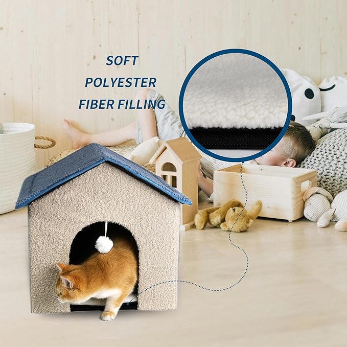 Foldable Cat House with Plush Hanging Ball - Cozy Cottage-Style Pet Bed, 18.9"x17.7"x17.3" Off-White | Slanted Roof & Arch Door for Indoor Kittens