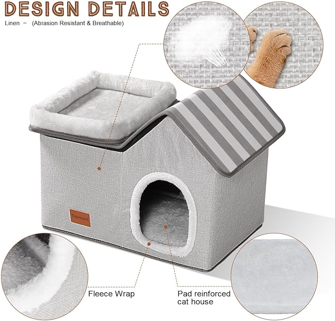 Topmart Cat House With Bed - Large Indoor Condo, 2-in-1 Pet Bed for Kittens and Small Cats, Grey