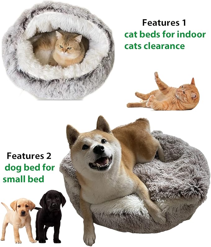 ShinHye Cat Bed Round Plush Fluffy Hooded Cat Bed Cave, Cozy for Indoor Cats or Small Dog beds, Soothing Pet Beds Doughnut Calm Anti-nxiety Dog Bed - Waterproof Bottom Washable, (23×23inch, Coffee)