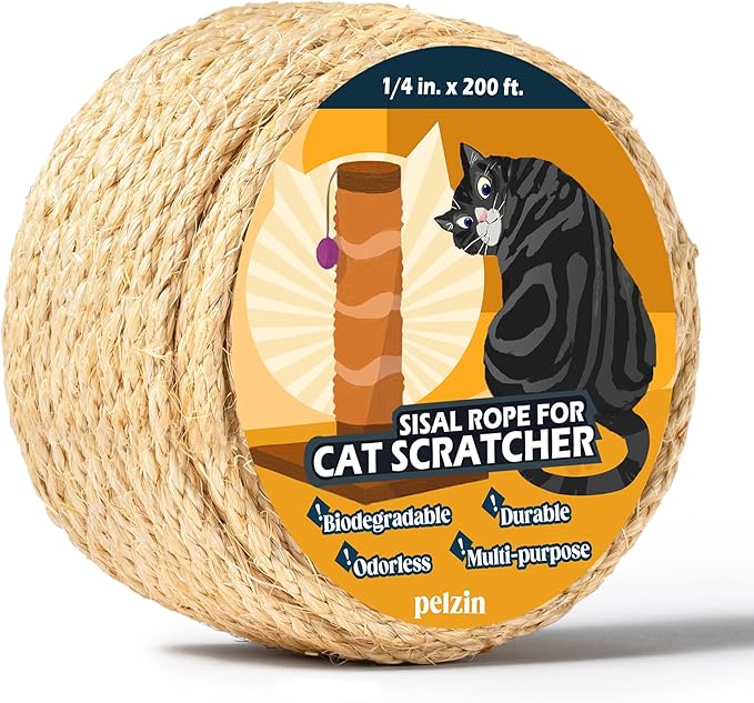Natural Sisal Rope for Cat Scratcher 1/4 Inch by 200 Feet, Cat Tree Rope Twine for Cat Scratching Post Replacement, Cat Tower with Scratch Post Repairing, Replace, Recovering and DIY, Natural