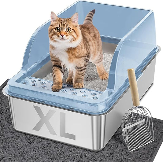 UPSKY Stainless Steel Cat Litter Box with Lid, XL Large Metal Litter Box for Large Breeds, Enclosed Kitty Litter Pan with High Sides, Leak-Proof & Non-Stick, Easy to Clean, Scoop and Mat Included