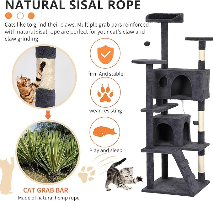 BestPet 62in Cat Tree Tower for Indoor Cats,Multi-Level Cat Furniture Activity Center with Cat Scratching Posts Stand House Cat Condo with Funny Toys for Kittens Pet Play House,Dark Gray