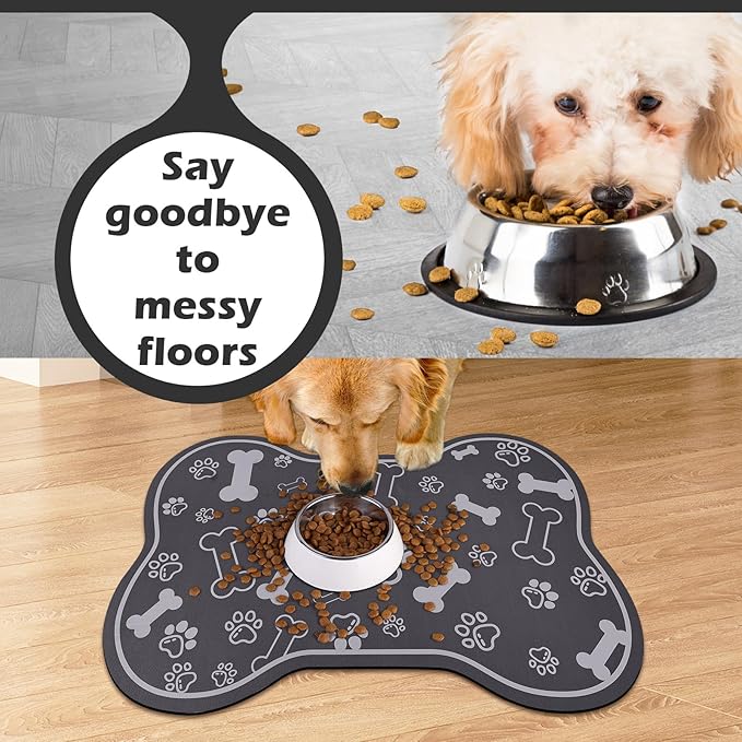 Dog Cat Food Mat,Rapid Absorbent Pet Feeding Mat, Bone Shaped Dog Placemat Water Bowl Mat with Rubber Backing,No Stains Dog Cat Food Mats Indoor, Pet Accessories Supplies 12"x18" Dark Grey