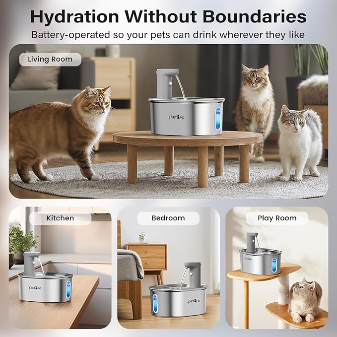 Wireless Cat Water Fountain Stainless Steel, 108oz/3.2L Cat Fountain Battery Operated, Cordless Water Fountains for Cats Indoor Drinking with Motion Sensor,Pet Water Dispenser with 3Filters + 3Sponge