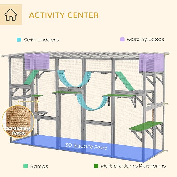 PawHut Catio Outdoor Cat Enclosure Window, Outdoor Cat House with Weather Protection Roof for Multiple Kitties, Wooden Frame, Shelves & Bridges, 118" x 37.5" x 74", Gray
