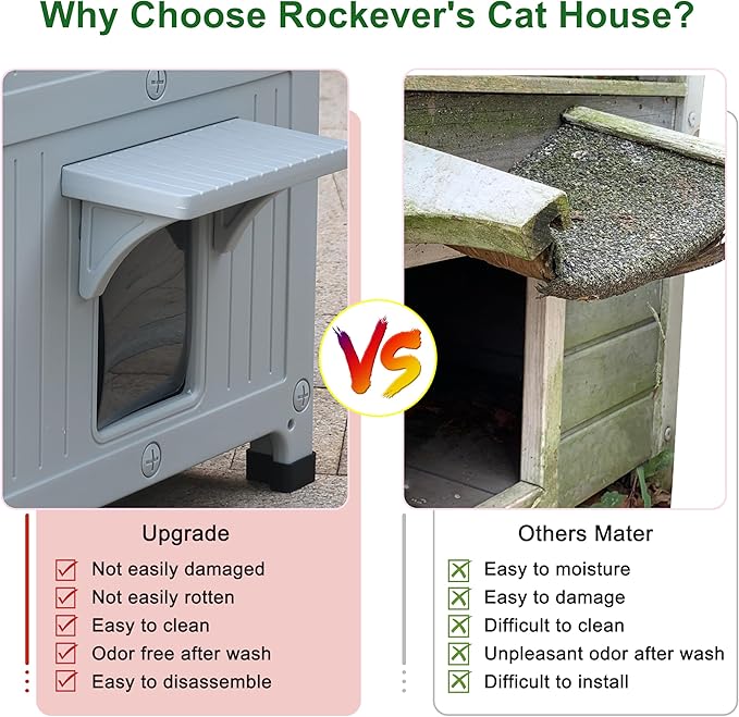 Rockever Plastic Outdoor Cat House with Insulated Liner, 100% Insulated Outdoor Cat Houses for Winter, Waterproof 2 Story Outside Cat Shelter, Clean and Assemble Easily-White