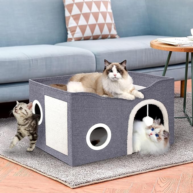 Heeyoo Cat House for Indoor Cats - Large Cat Bed Cave with Fluffy Ball and Scratch Pad, Foldable Cat Houses & Condos, Cat Cubes, Cat Hideaway, Covered Cat Bed for Multi Small Pet Large Kitty