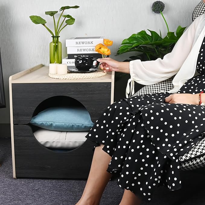 Modern Cat Bed Furniture with Scratching Post - Pull-Out Enclosure & Soft Cushion, Space-Saving Side Table for Indoor Cats, Black/Natural Wood (23.5" x 19.7" x 21.7")