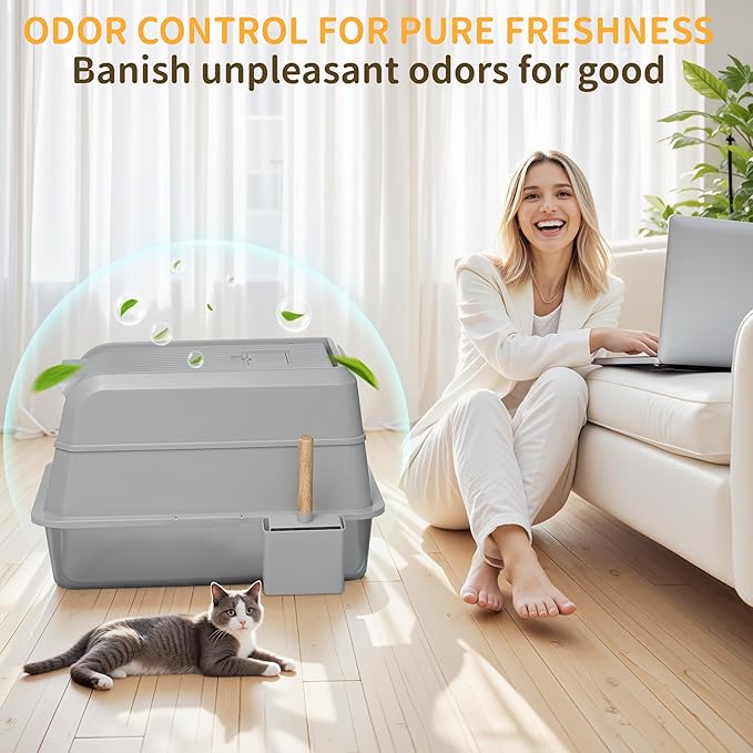 Stainless Steel Litter Box with Lid, XL Extra Large Cat Litter Box, Enclosed Metal Litter Pan with High Sided Enclosure & Scoop, Anti Leakage, Easy to Clean, Odor Control(Grey)