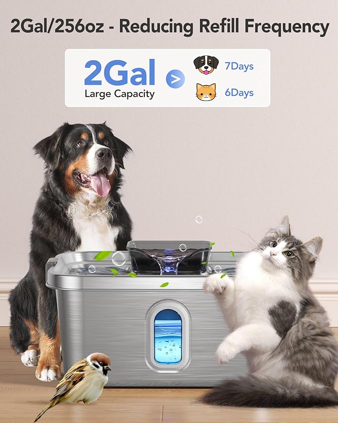 Dog Water Fountain for Large Dogs Stainless Steel Dog Water Fountain 2 Gal Cats & Pets Automatic Pet Water Fountain with Large Drinking Area Ultra-Quiet Pump Water Fountain Dog Bowl with Filters