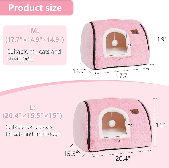 Cat Bed Cave for Indoor Cats - Soft and Comfortable House With Removable Washable Cushioned Pillow, Enclosed Hideaway, Small Large Dog Tent (Pink)