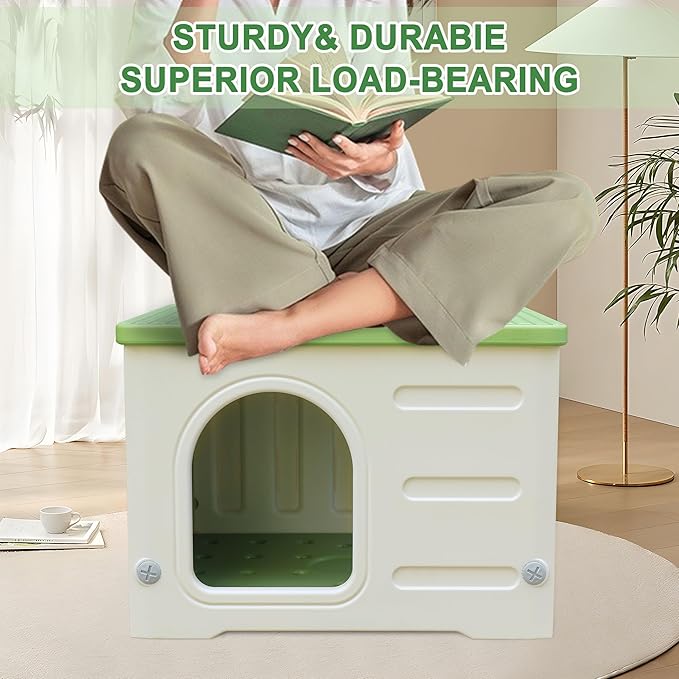 Plastic Cat House for Outdoor Indoor Use, Feral Cat Shelter Indoor Stackable Cat House Insulated Weatherproof Waterproof with Mat-Green