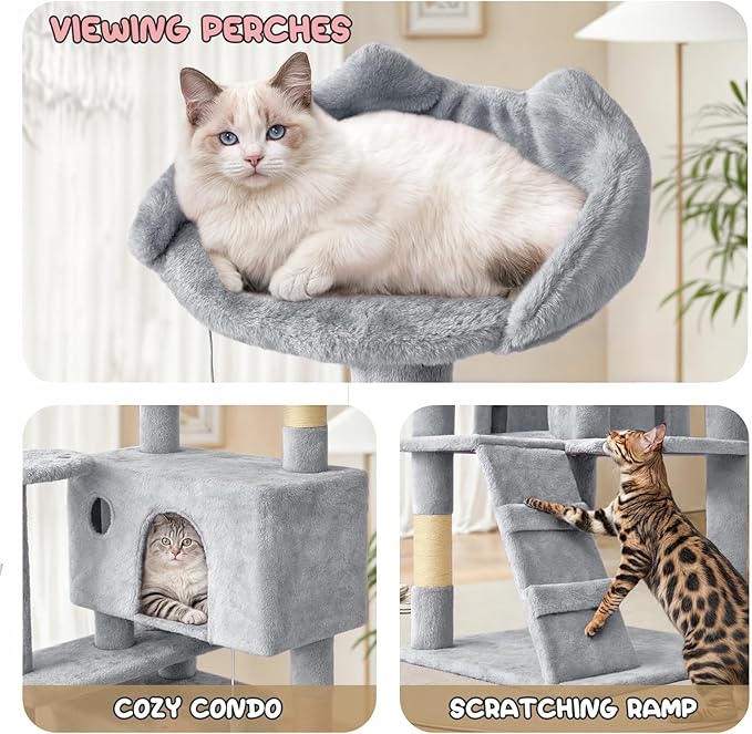 MoNiBloom Cat Tree, 77 Inch Cat Tree Tower with 2 Condo, Tall Cat Tower with Scratching Post, Cat Climbing Tower, Cat Tree for Indoor Cats, Light Grey
