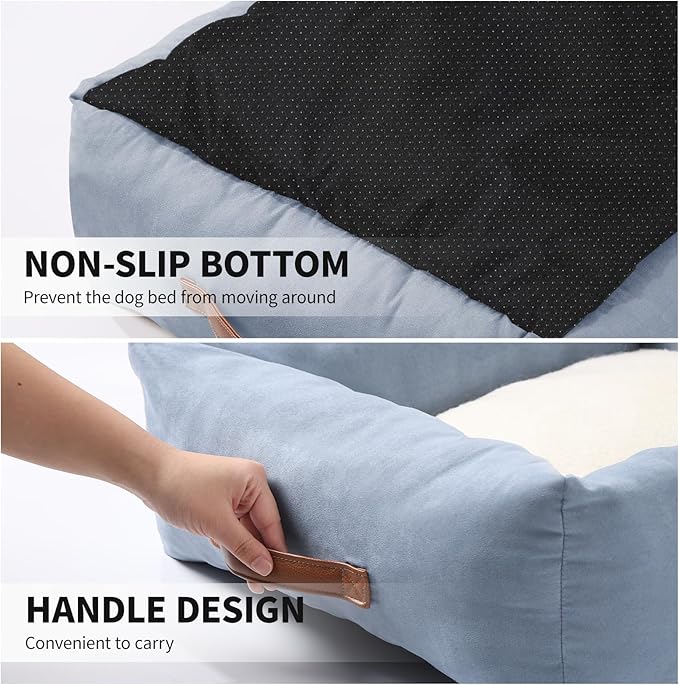 25In Dog Bed for Small Medium Sized Dogs - Washable Rectangle Puppy Bed for Indoor Outdoor, Cozy Pet Bed with Support Pillow & Non-Slip Bottom(Blue, Medium)