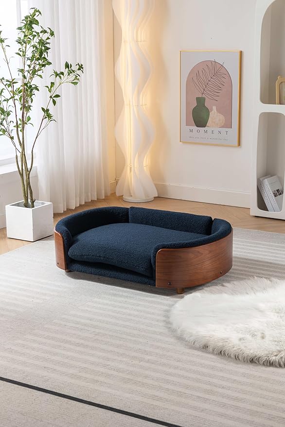 HomSof 38.58" Scandinavian Style Elevated Dog Cat Bed Pet Sofa with Solid Wood Legs and Bent Wood Back with Velvet Cushion,Large Size,Light Grey