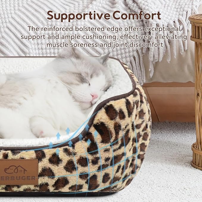 Rectangle Cat Dog Bed for Large Medium Small Pets Indoor Outdoor Machine Washable Sleeping Sofa Non-Slip Bottom Soft Puppy Bed Durable Orthopedic Calming Pet Cuddler (Medium, Leopard)