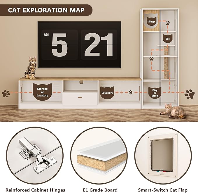 2-in-1 Cat Cabinet with Scratching Posts Litter Box Enclosure with 78.7" TV Stand Modern Cat House Scratch-Resistant for Living Room Home Office