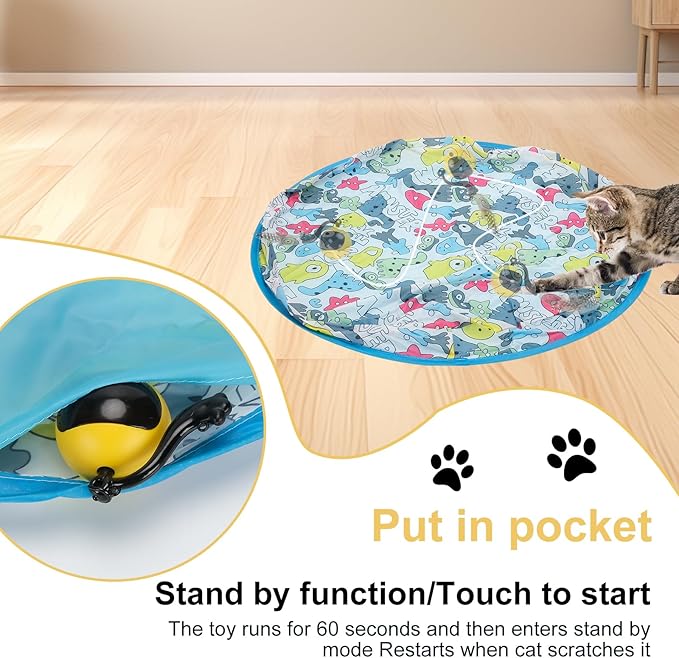 Interactive Cat Toy Ball in Pouch,Simulated Hunting Remote Control Cat Toy,Automatic Ball Fast Rolling in Play Mat, Motion Activated Chirping Hide and Seek Mouse Chasing Game Kitten Toy