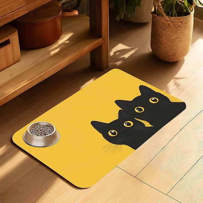 Cute Black Cat Peeking Dog Cat Food Mat-Absorbent Placemat for Food and Water Bowl, Waterproof Non Slip Rubber Backing Dog Food Mats for Floors, Pet Supplies 12 * 20 inch