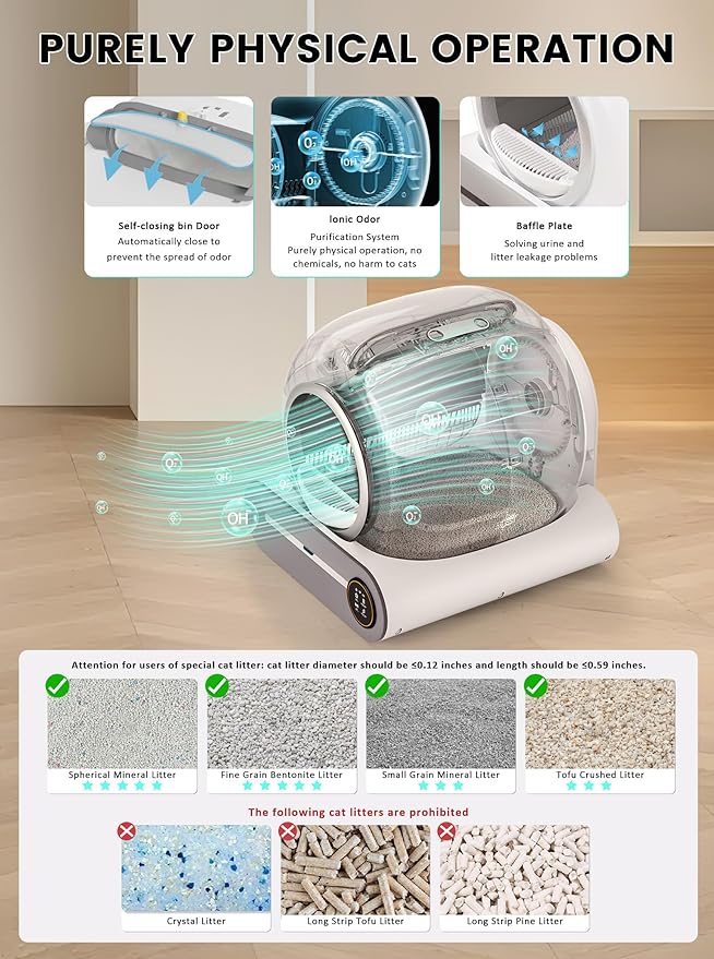 Automatic Litter Box, Upgraded Robot Self Cleaning Litter Box for Multiple Cats, 65L+9L Extra Large, Features Negative ion Sterilization and Deodorization, APP Control, 3 Rolls Litter Bag Liners