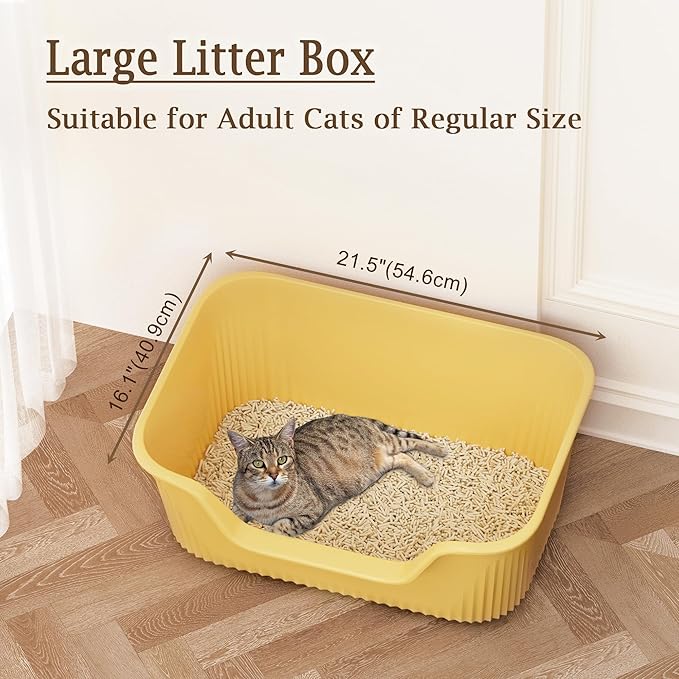 Large Litter Box with High Sides 21.5 * 16.1 * 10.4 inches Big Litter Boxes for Large Cats Easy Clean Open Cat Litter Box, Anti-Splashing&Leak-Proof, Yellow