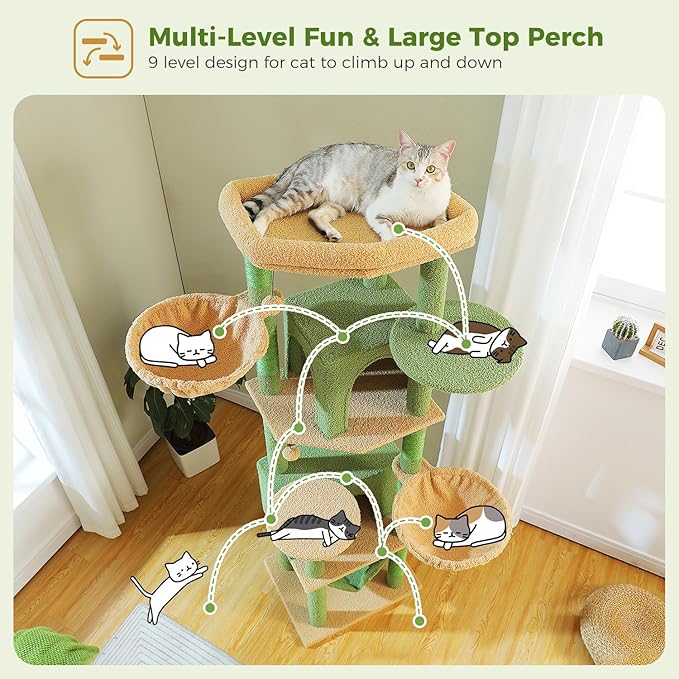 PAWZ Road Tall Cat Tower, 70 Inch Cat Tree with Hammock, 5 Scratching Posts, 2 Condos and a Large Top Perches for Large Cats-Cactus Green