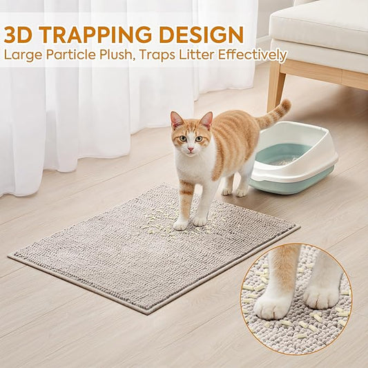 Pieviev Chenille Cat Litter Mat for Litter Box, 28"x22" Soft Ultra Absorbent Mat, Waterproof & Non-Slip, Easy to Clean Litter Trapping Mat for Indoor Cats, Grey