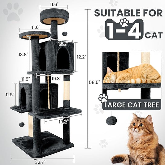 58.5inch Large Cat Tree Tower Condo for Indoor Cats, Soft Plush Multi-Level Climbing Tree Cat House with 1 360° Rotating Cat Cave, Scratching Post, More Entrance/Exit, Sisal Rope, Grey Black