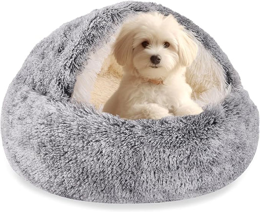 HYQ Small Dog Bed, Cat Beds for Indoor Cats Washable, Cozy Cat Cave Bed, Non-Slip Cat Beds, Calming Dog Bed with Hooded Cover, Dog Bed with Cover for Small Medium Pets (Grey, 24×24 Inch)