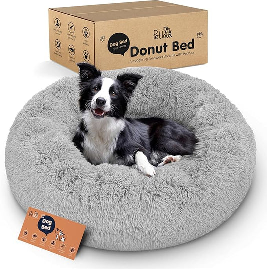 Donut Dog Bed - Premium Comfort for Anxiety Relief - Fluffy & Calming Design with Ultra-Plush Support | Cozy Round Dog Bed with Super Soft Circle Style (Size L Grey)