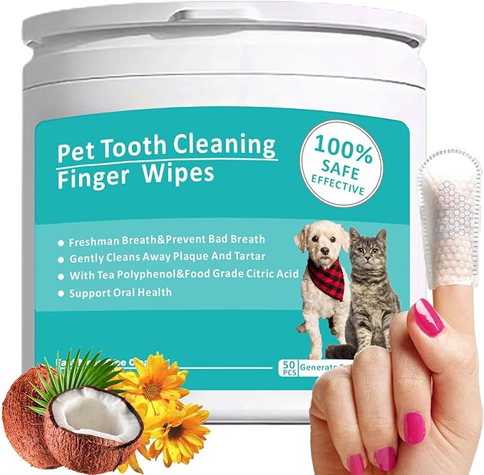 Teeth Cleaning Wipes for Pets 50Pcs ,Dog & Cat Teeth Cleaning Wipes,Pet Teeth Cleaning Finger Mitt Dental Wipe,Pet Teeth Cleaning Finger Wipes,Natural Formula Finger Grooming Wipe for Pets