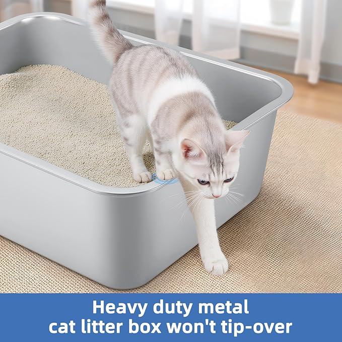 Stainless Steel Cat Litter Box for Large Cats - 17.5"x13.6"x6.1" High-Sided Metal Tray, Anti-Splash & Odor Resistant, Durable Rustproof Design, Easy to Clean